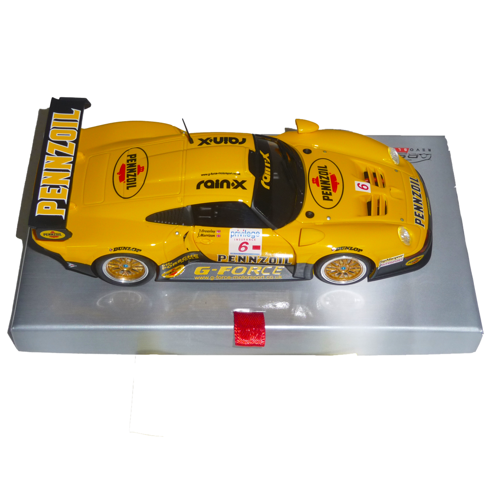 RS0104 - Porsche 911 GT1 - SPA 1999 - Pennzoil #6  https://www.flatoutslotcars.com.au/products/rs0104-porsche-911-gt1-spa-1999-pennzoil-6  WHERE: SPA 1999 British GT Championship CHASSIS: Aluminium floating adjustable chassis LIGHTS: None MOTOR: 21,000rpm MOTOR CONFIGURATION: Anglewinder AXLE: calibrated steel 3mm with brass axle spacers BALL BEARINGS: front and rear GEARS: Spur 33t / Pinion 12t MAGNET: supplied but requires installation WHEELS: Alloy TYR…