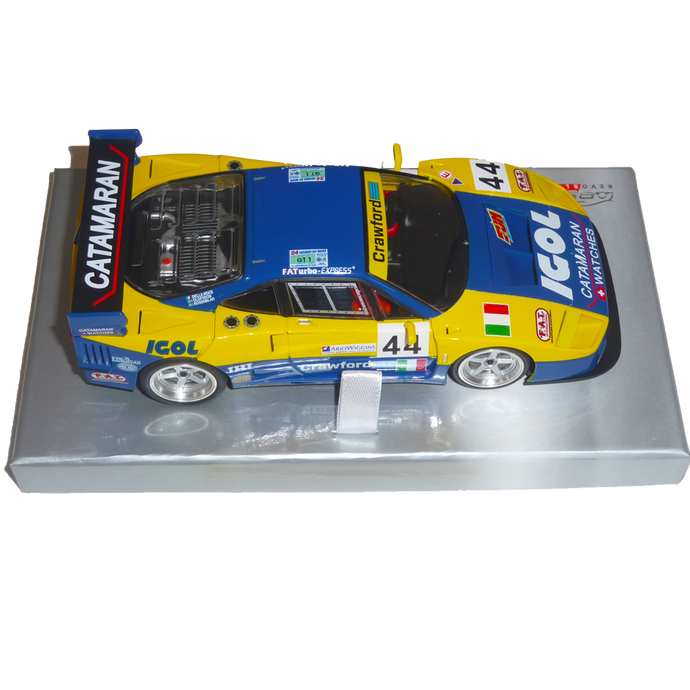 RS0106 - Ferrari F40 Le Mans 1996 - IGOL #44  https://www.flatoutslotcars.com.au/products/copy-of-rs0108-ferrari-f40-le-mans-1996-igol-44-45  CHASSIS: Aluminium floating adjustable chassis LIGHTS: None MOTOR: 21,000rpm MOTOR CONFIGURATION: Anglewinder AXLE: calibrated steel 3mm with brass axle spacers BALL BEARINGS: front and rear GEARS: Spur 33t / Pinion 12t MAGNET: supplied but requires installation WHEELS: Alloy TYRES: Rear high grip; front low profile GU…