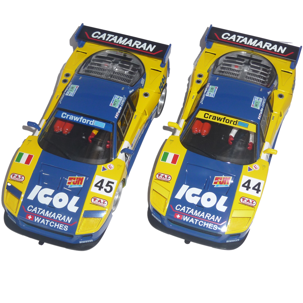 RS0108 - Ferrari F40 Le Mans 1996 - IGOL #44 & #45  https://www.flatoutslotcars.com.au/products/copy-of-rs0105-porsche-911-gt1-spa-1999-5-6  CHASSIS: Aluminium floating adjustable chassis LIGHTS: None MOTOR: 21,000rpm MOTOR CONFIGURATION: Anglewinder AXLE: calibrated steel 3mm with brass axle spacers BALL BEARINGS: front and rear GEARS: Spur 33t / Pinion 12t MAGNET: supplied but requires installation WHEELS: Alloy TYRES: Rear high grip; front low profile GU…