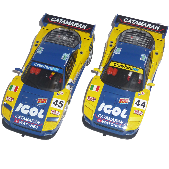 RS0108 - Ferrari F40 Le Mans 1996 - IGOL #44 & #45  https://www.flatoutslotcars.com.au/products/copy-of-rs0105-porsche-911-gt1-spa-1999-5-6  CHASSIS: Aluminium floating adjustable chassis LIGHTS: None MOTOR: 21,000rpm MOTOR CONFIGURATION: Anglewinder AXLE: calibrated steel 3mm with brass axle spacers BALL BEARINGS: front and rear GEARS: Spur 33t / Pinion 12t MAGNET: supplied but requires installation WHEELS: Alloy TYRES: Rear high grip; front low profile GU…